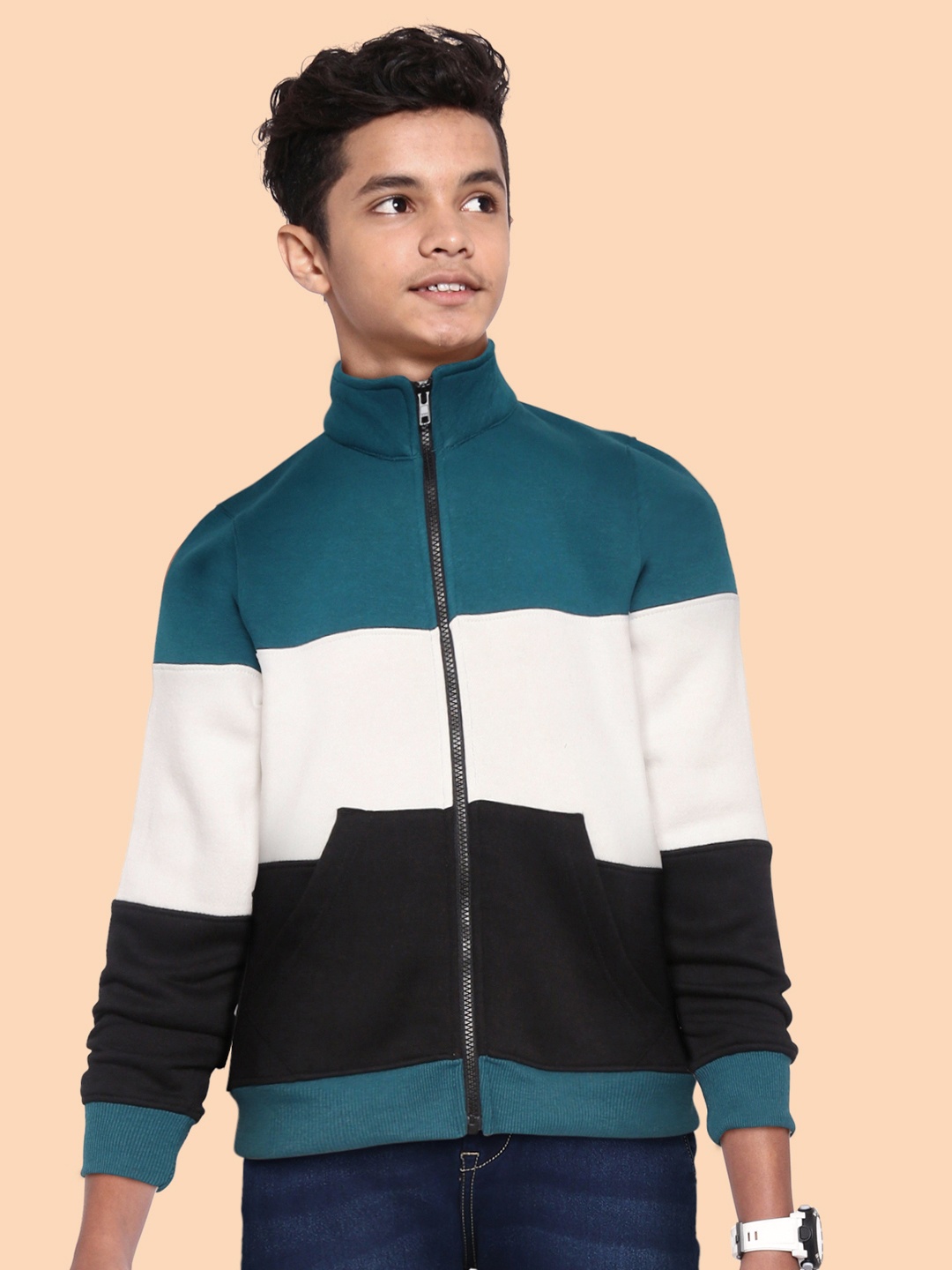 

UTH by Roadster Boys Teal Green & White Colourblocked Front-Open Sweatshirt