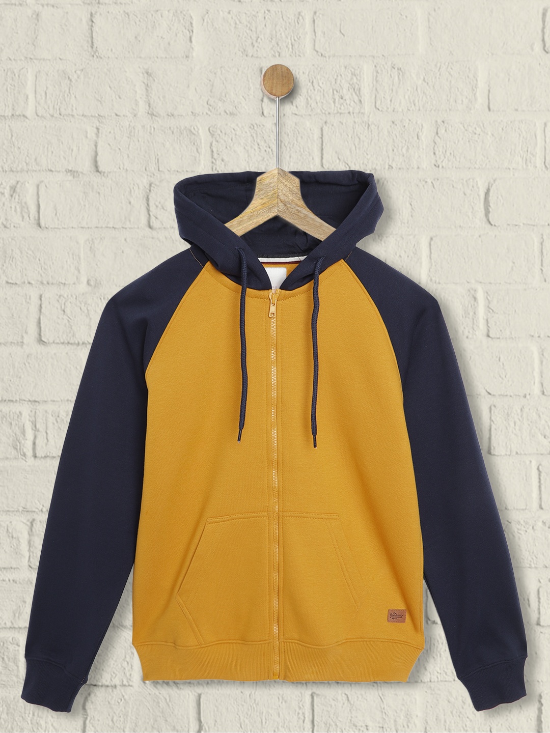 

UTH by Roadster Boys Mustard Yellow & Navy Blue Colourblocked Hooded Sweatshirt