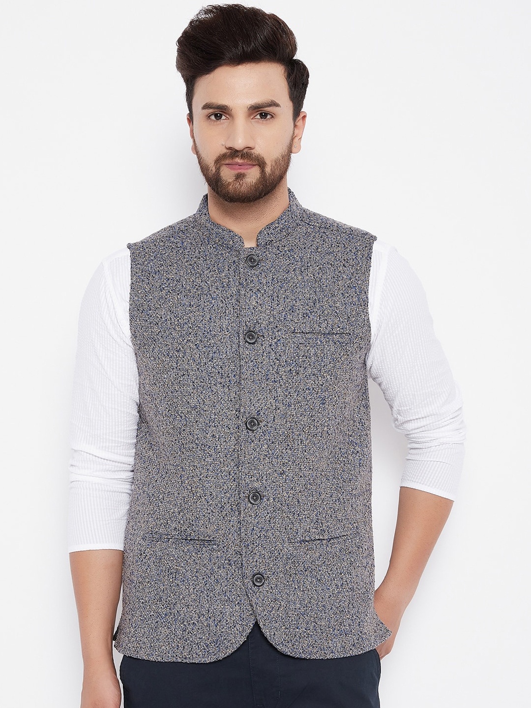 

even Men Grey & Blue Woven-Design Nehru Jacket