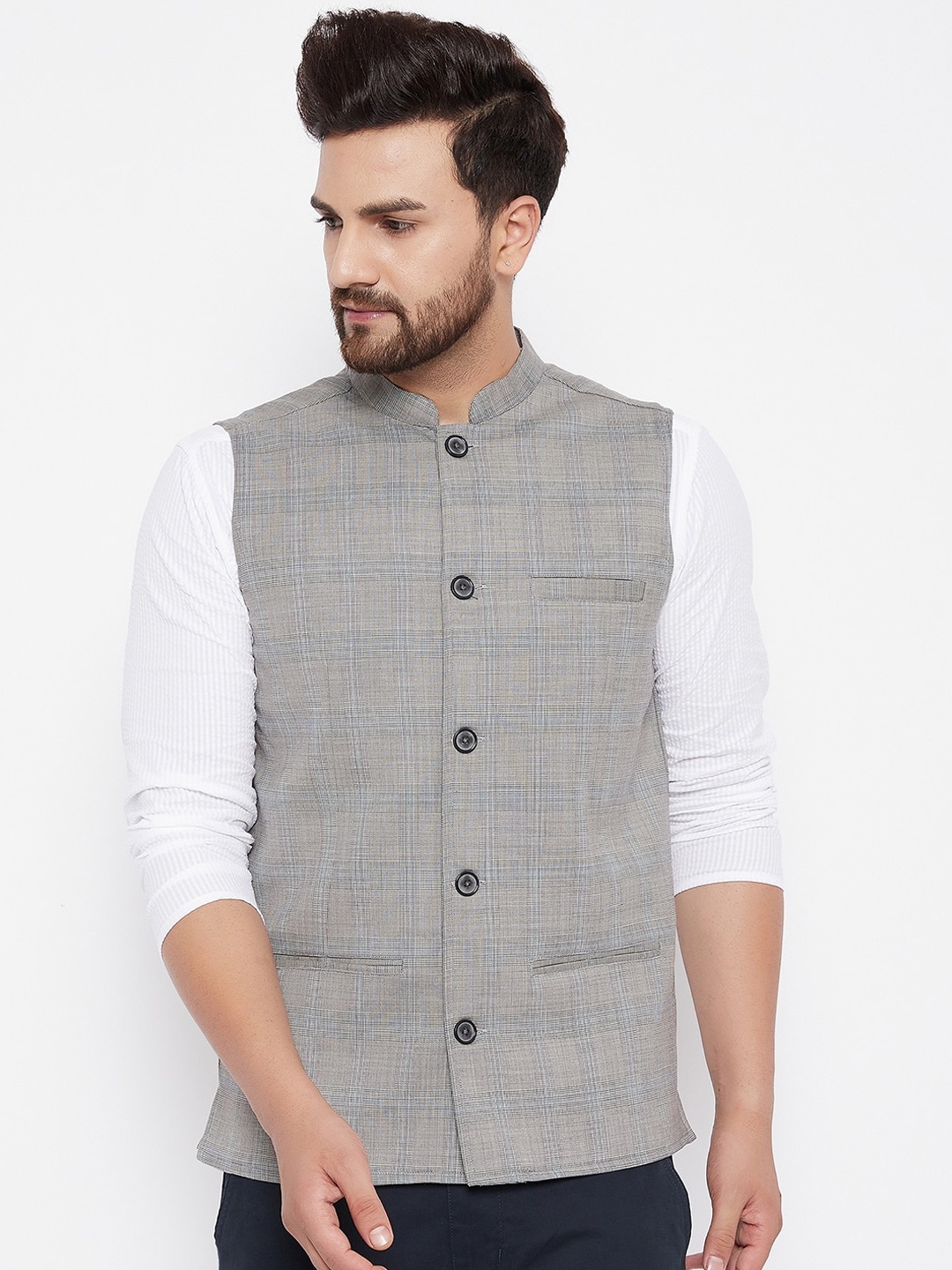 

even Men Grey Checked Woven Nehru Jacket