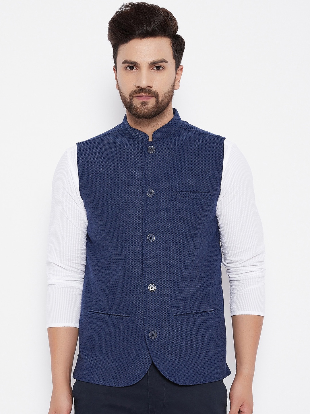 

even Men Blue Woven Design Nehru Jacket