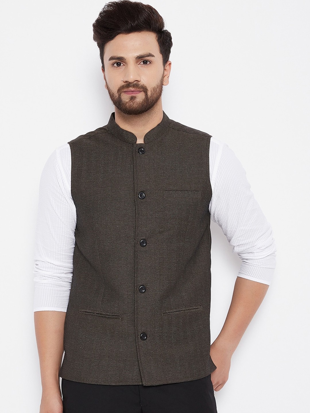 

even Men Brown Woven-Design Nehru Jacket