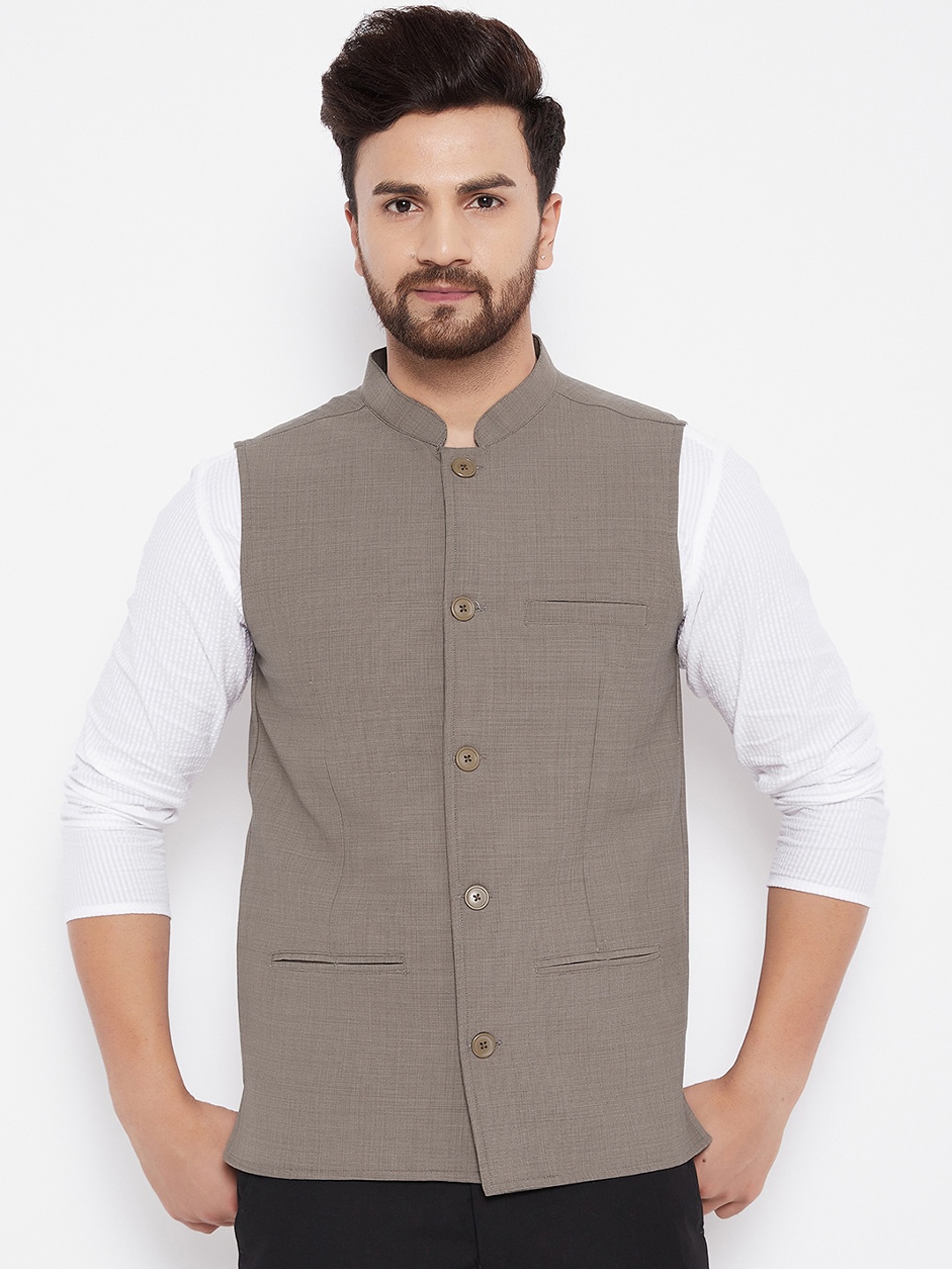 

even Men Brown Solid Nehru Jacket