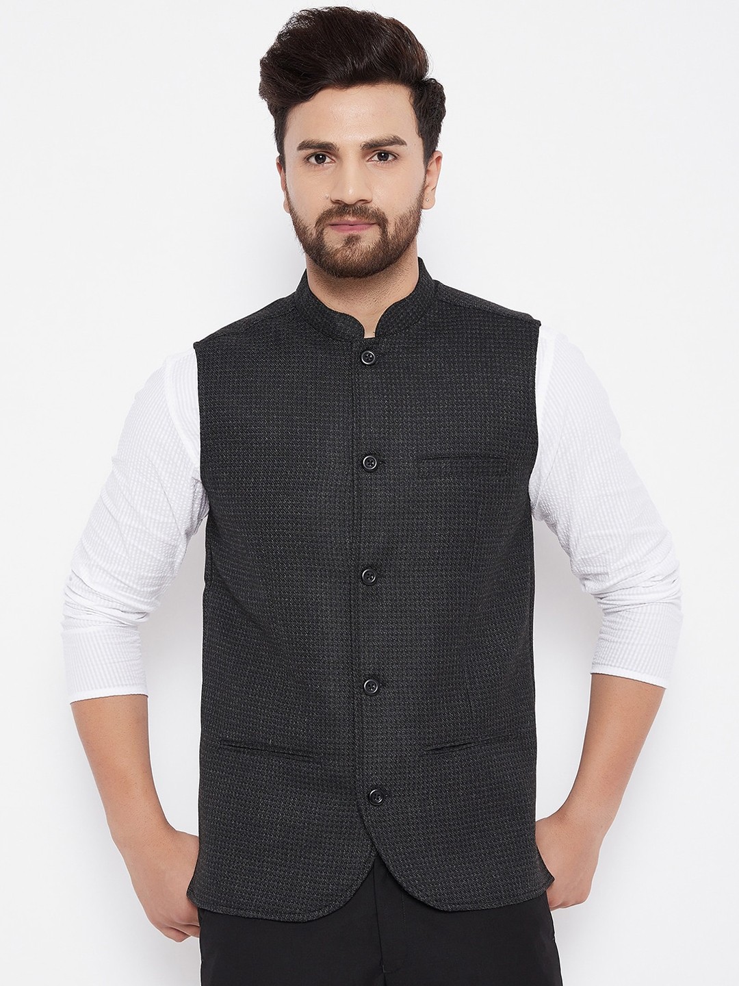 

even Men Black Woven Design Nehru Jacket