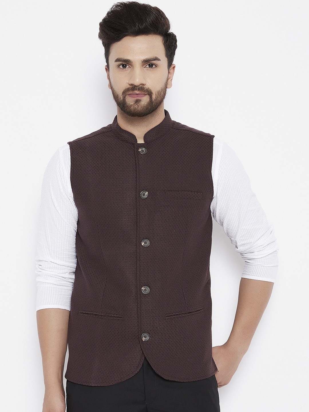 

even Men Brown Woven-Design Nehru Jacket