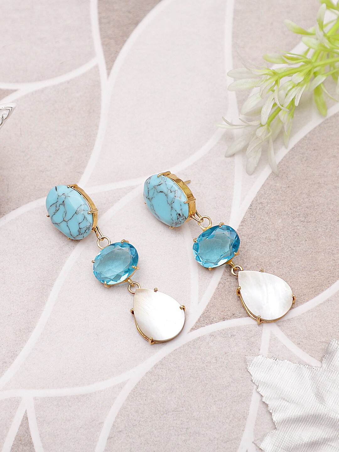

XAGO Gold-Plated Turquoise Blue & White Handcrafted Contemporary Drop Earrings