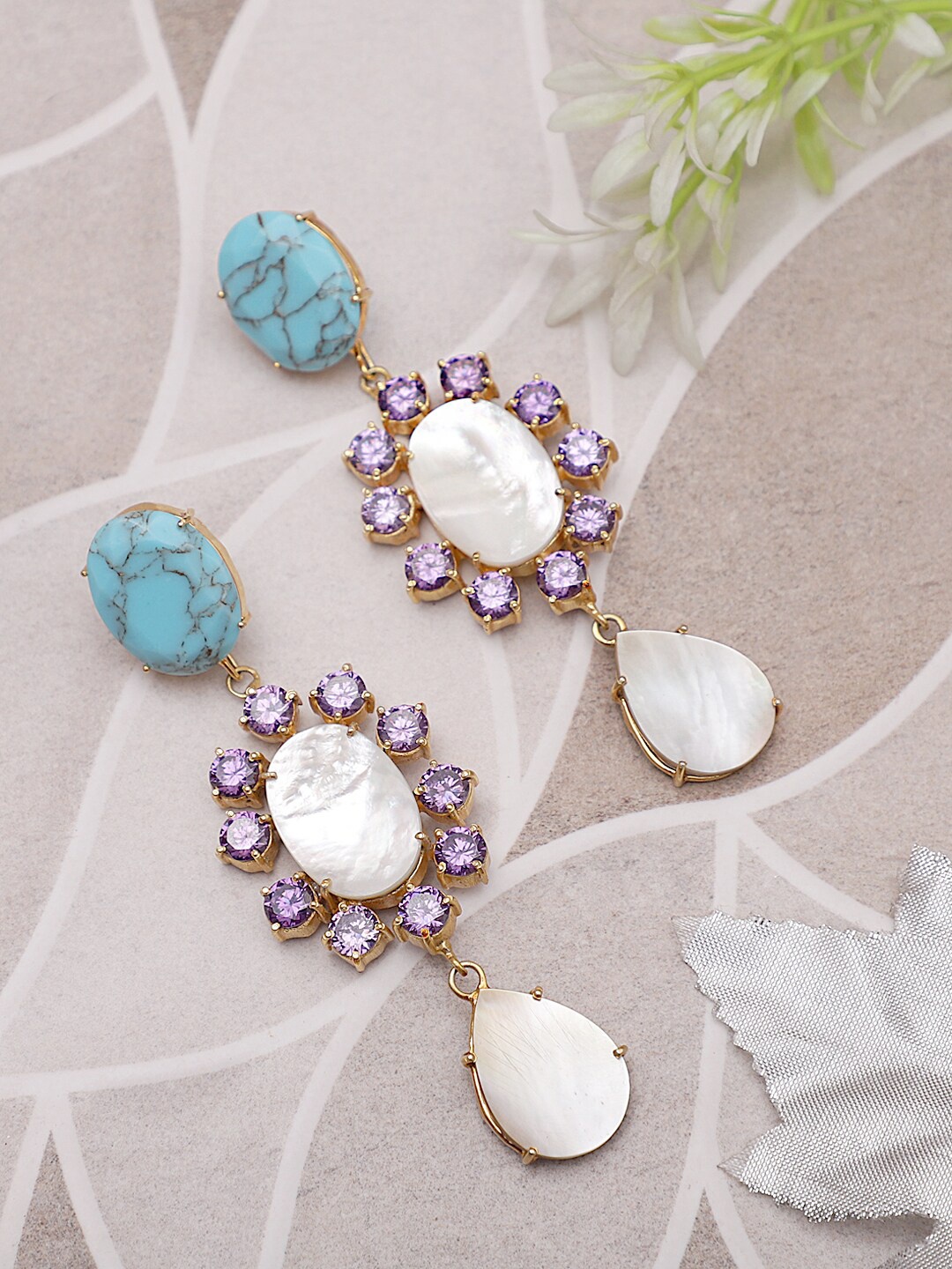 

XAGO Gold-Plated White & Turquoise Blue Handcrafted Contemporary Drop Earrings