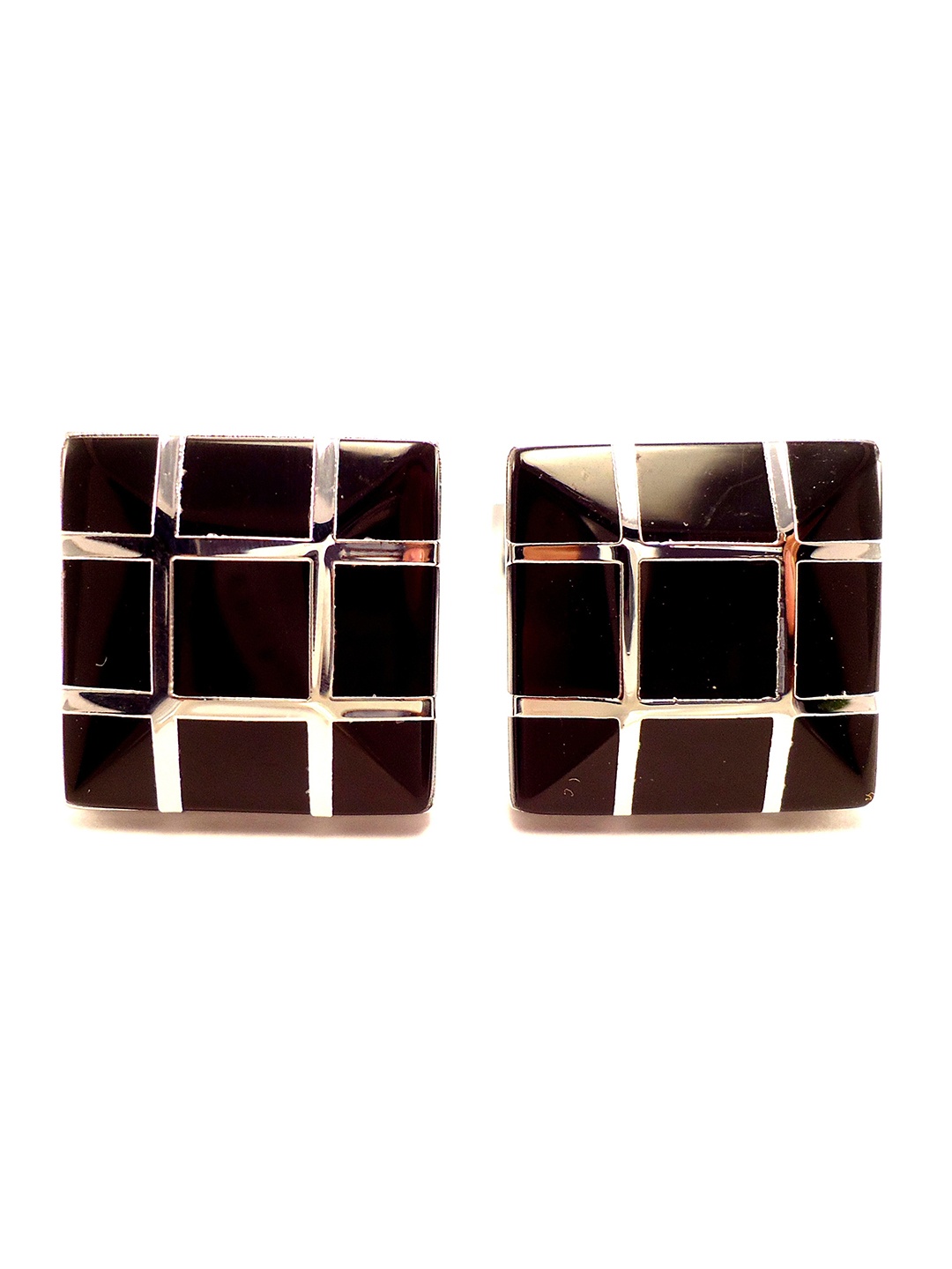 

PELUCHE Men Maroon & Silver-Toned Peluche Trapezium Black Onyx Stone Studded Cufflinks