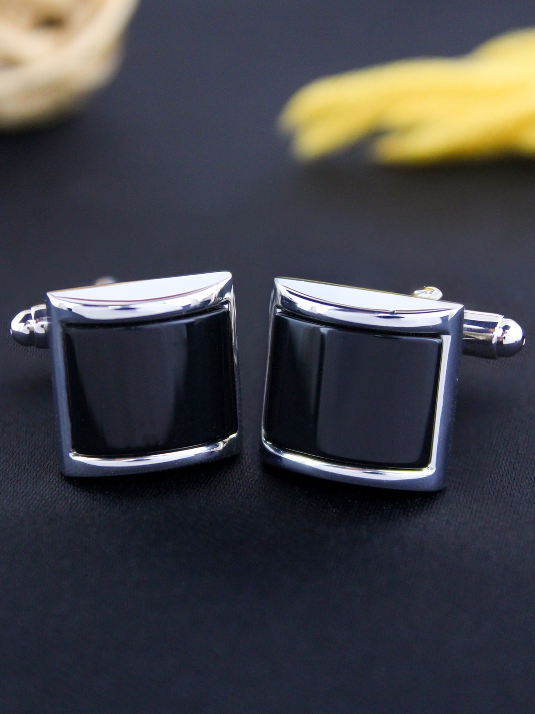 

PELUCHE Silver-Toned & Black Onyx Stone Studded Cufflink