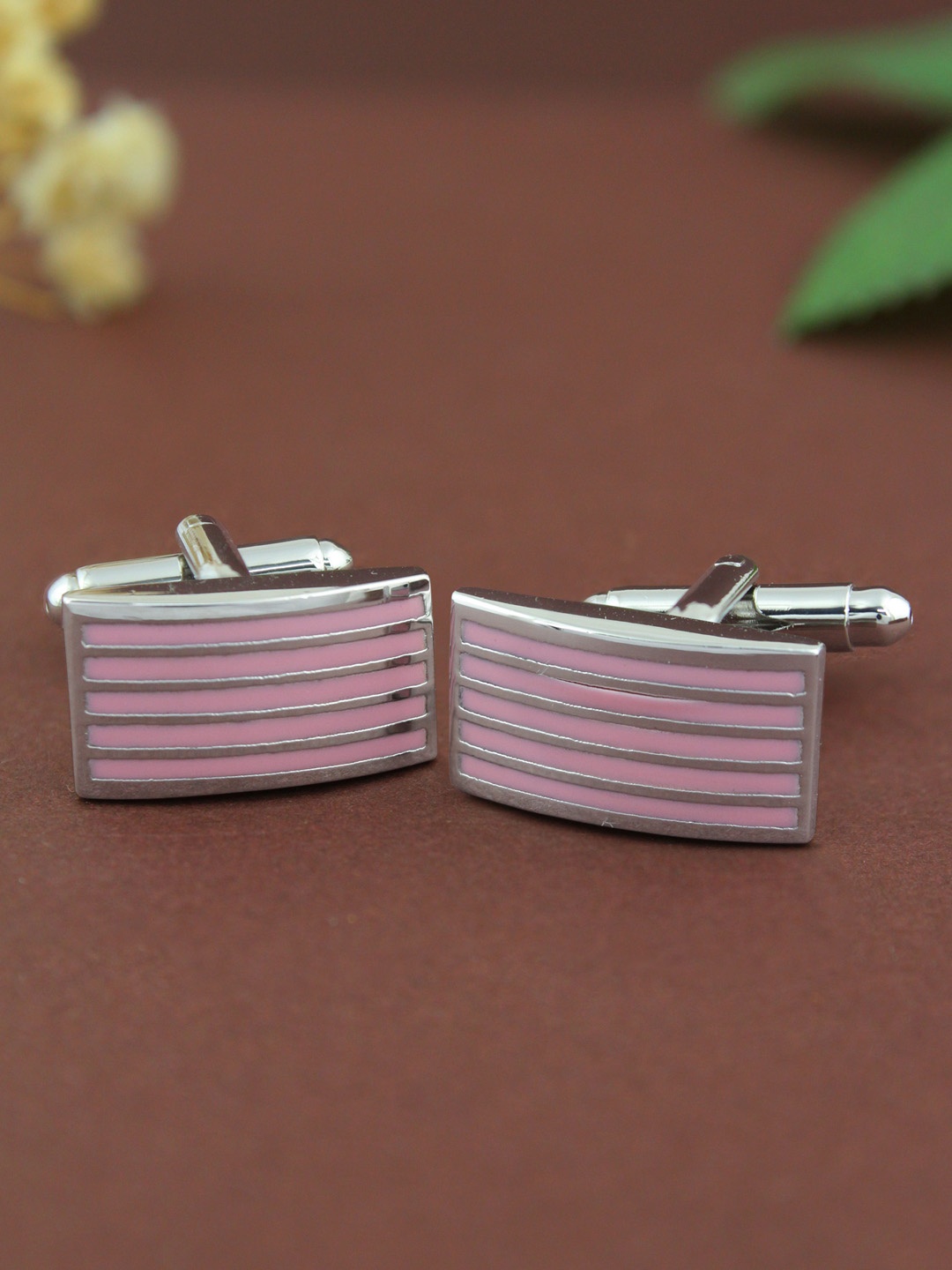 

PELUCHE Men Silver-Toned & Pink Striped Cufflink