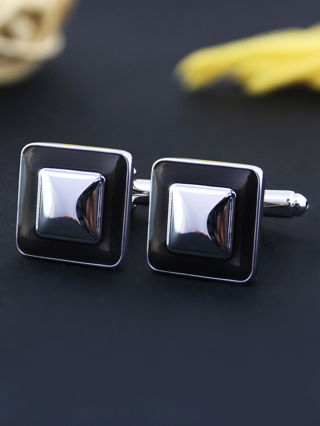 

PELUCHE Silver-Toned & Black Classy Resin Enamel Cufflink