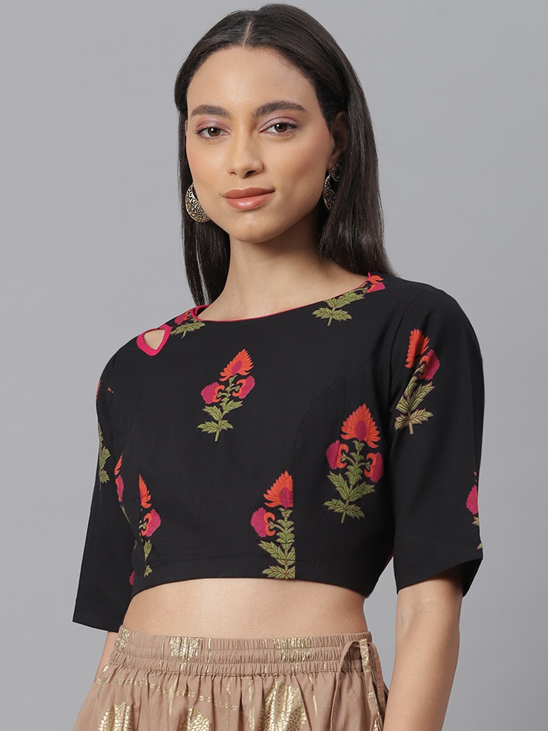 

Janasya Black & Red Floral Printed Stitched Cotton Saree Blouse