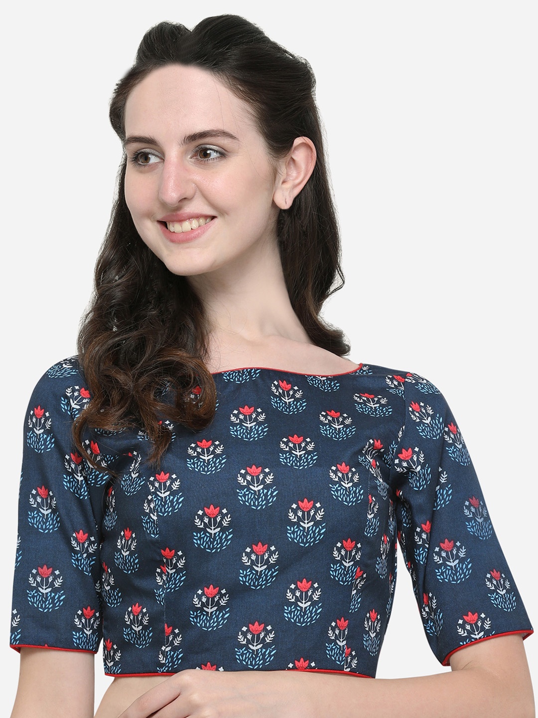 

Janasya Blue & Red Printed Saree Blouse