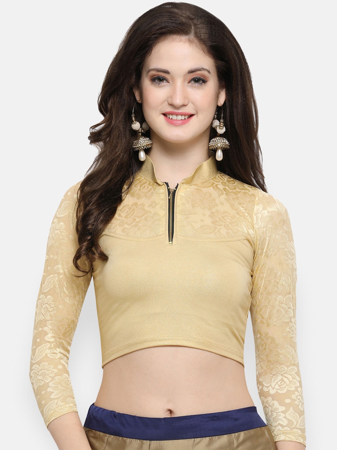 

Janasya Gold-Coloured Solid Cotton Lycra Lace Saree Blouse