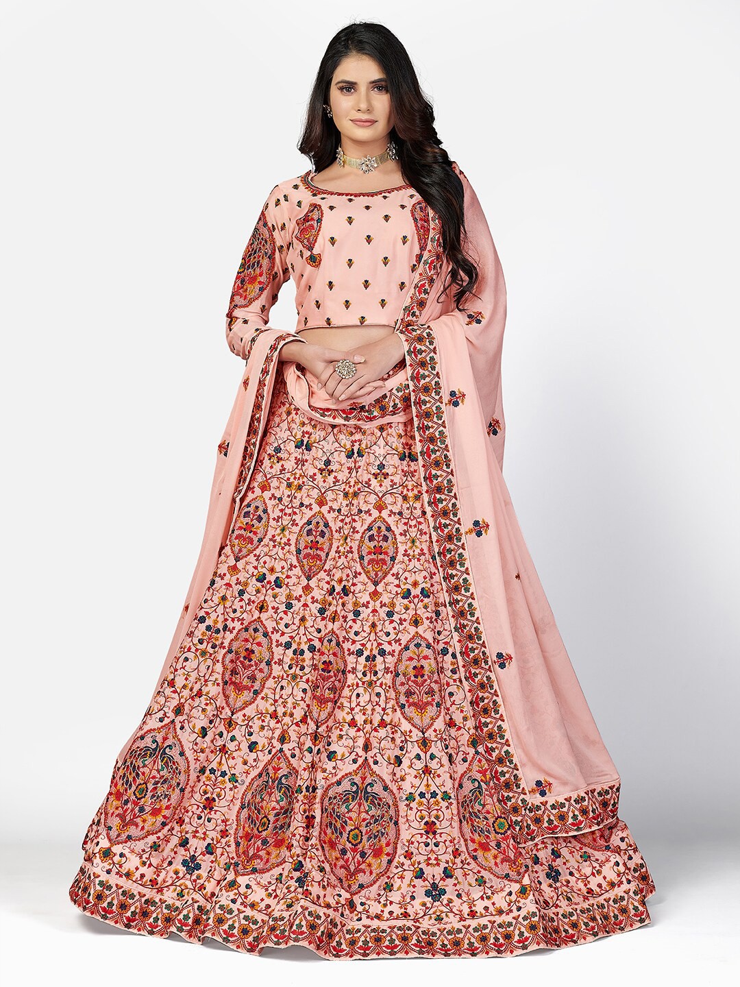 

SHOPGARB Peach-Coloured & Blue Embroidered Thread Work Semi-Stitched Lehenga & Unstitched Blouse With