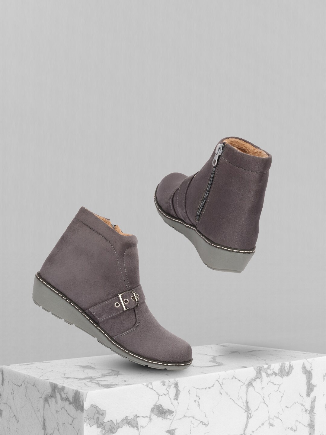 

Alishtezia Women Grey Suede Mid-Top Flat Boots