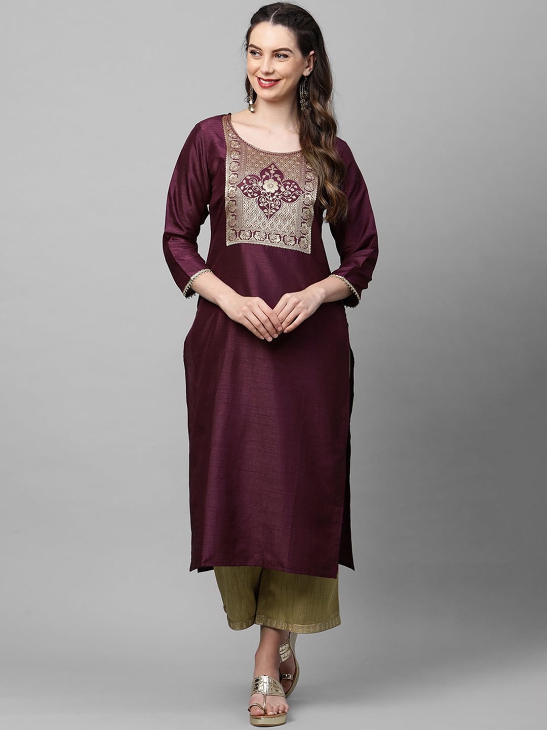 

Indo Era Women Burgundy & Beige Ethnic Motifs Yoke Design Straight Kurta