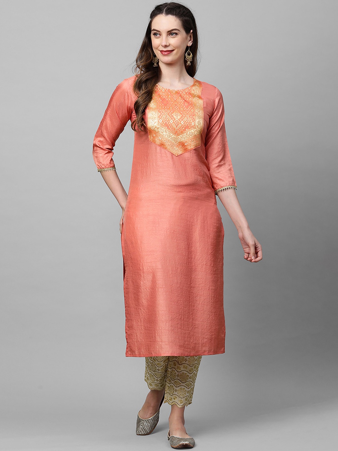 

Indo Era Women Peach-Coloured & Beige Ethnic Motifs Yoke Design Straight Kurta