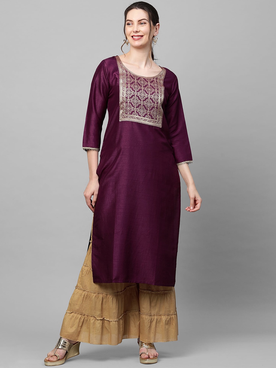 

Indo Era Women Burgundy & Beige Ethnic Motifs Yoke Design Straight Kurta