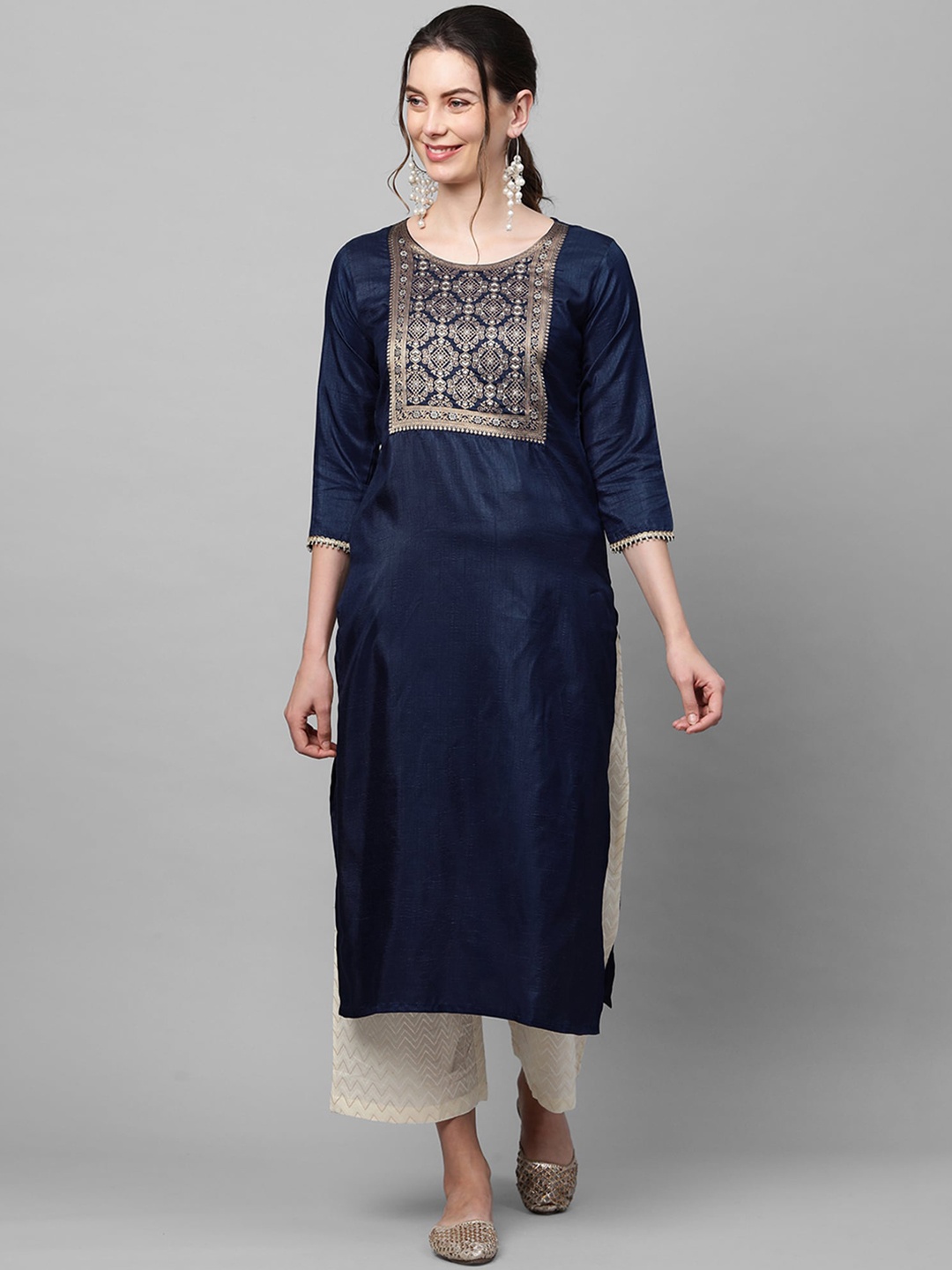 

Indo Era Women Navy Blue & Beige Ethnic Motifs Yoke Design Straight Kurta