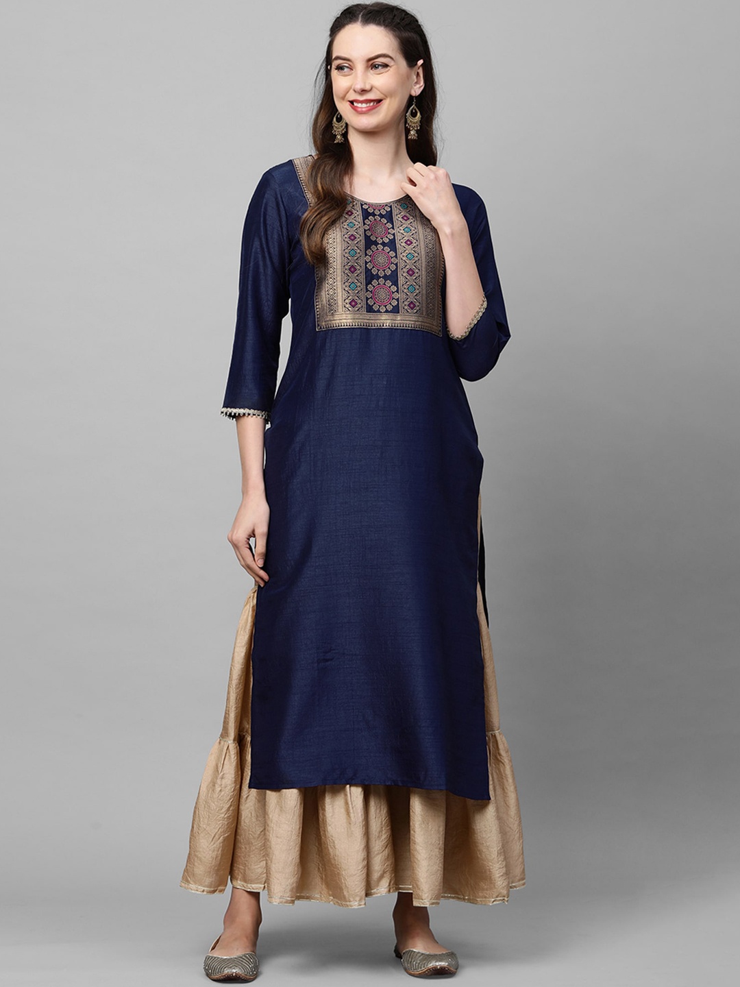

Indo Era Women Navy & Beige Ethnic Motifs Yoke Design Straight Kurta, Navy blue