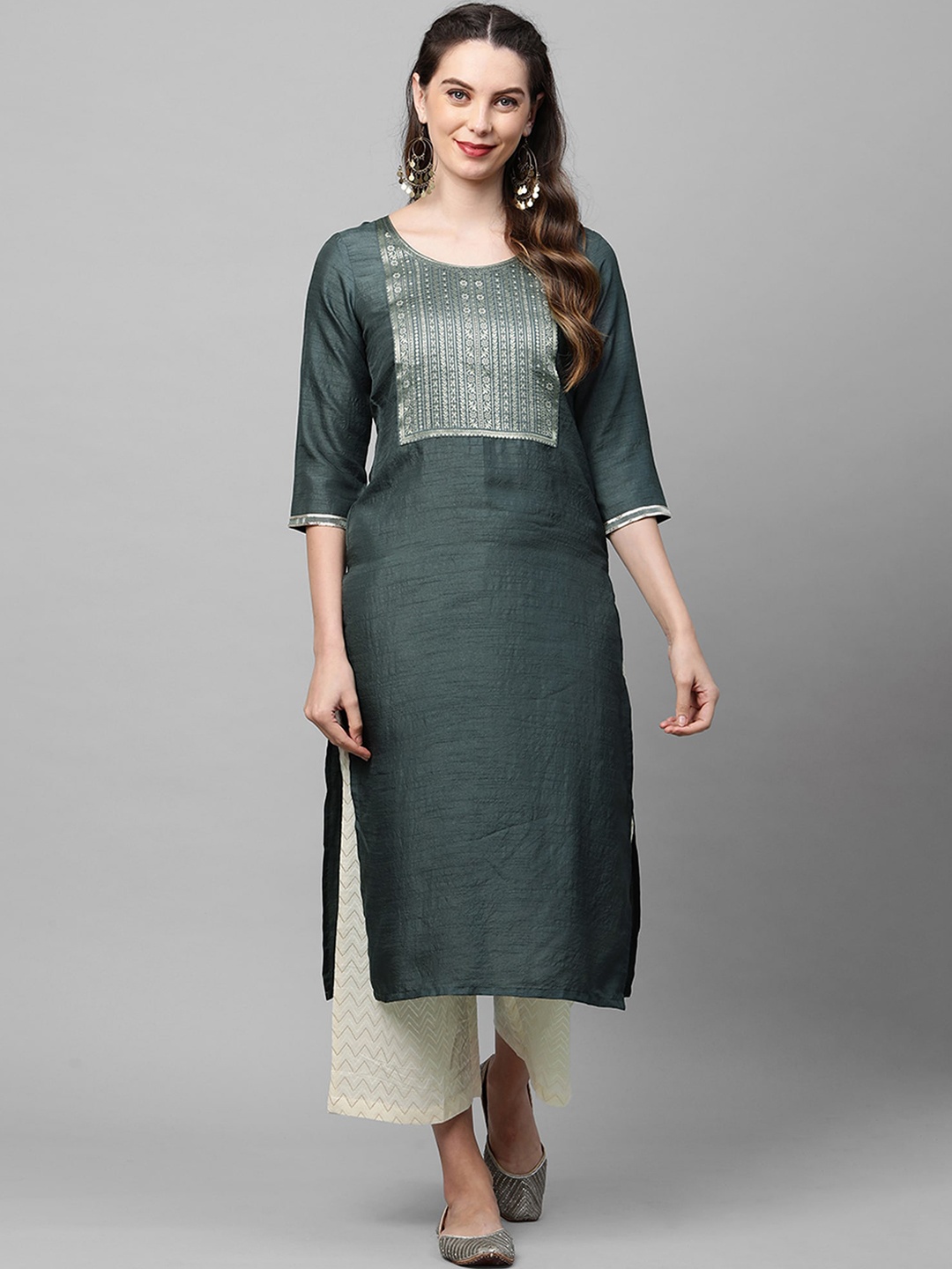 

Indo Era Women Charcoal Grey Ethnic Motifs Yoke Design Straight Kurta