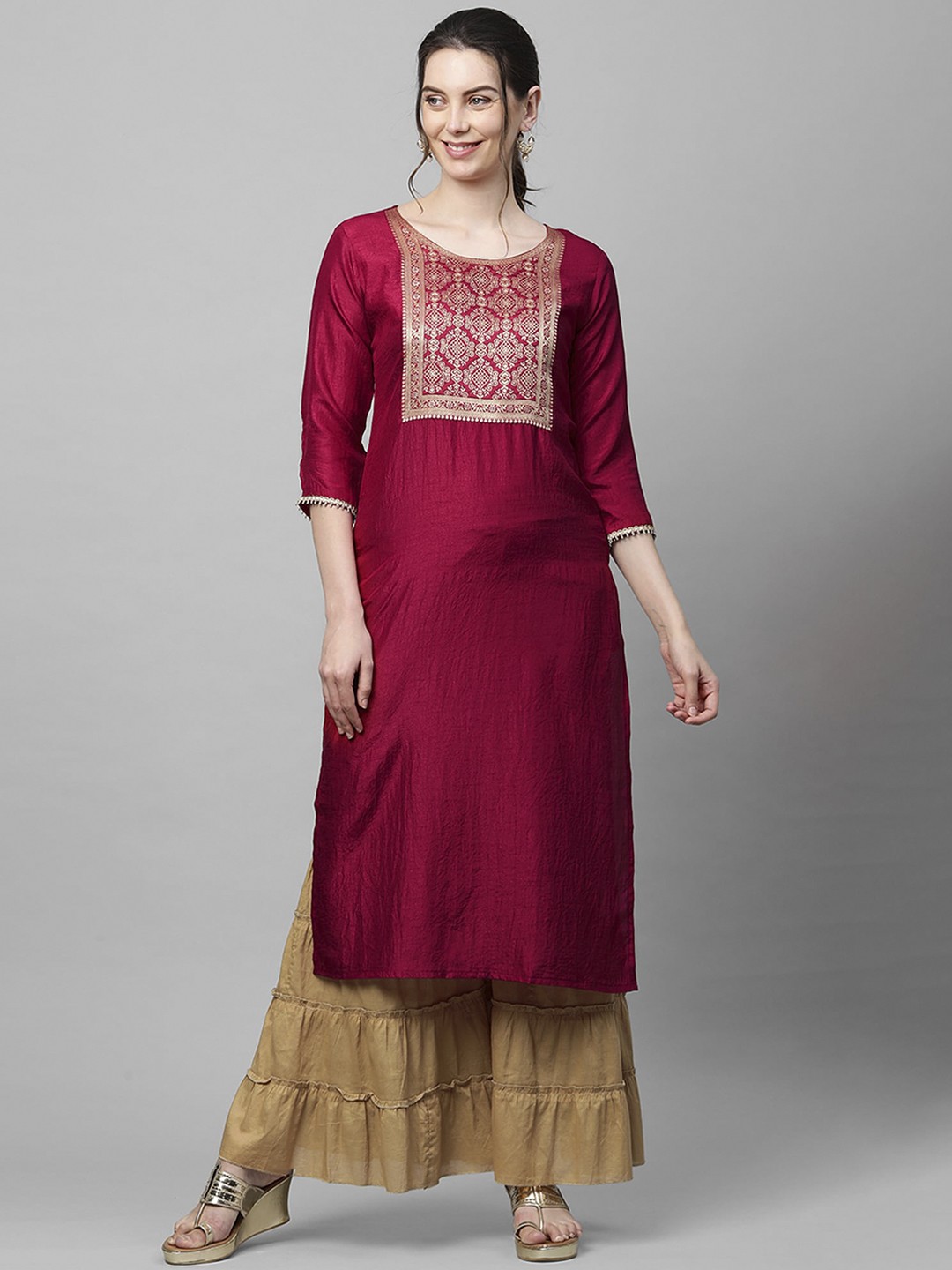 

Indo Era Women Maroon & Beige Ethnic Motifs Yoke Design Straight Kurta