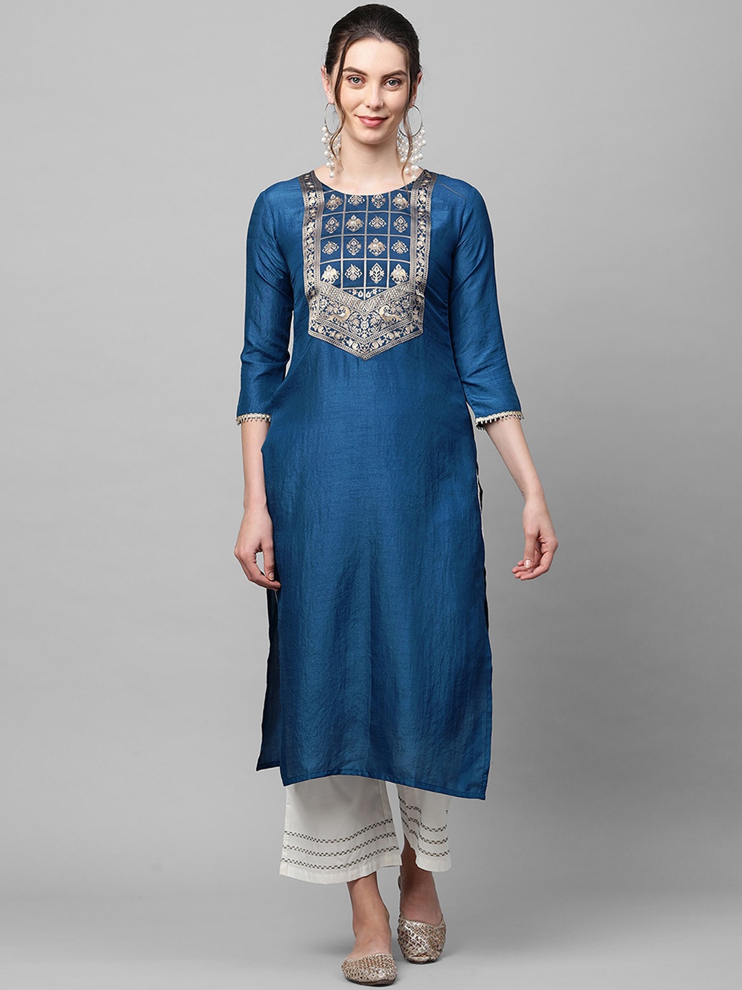 

Indo Era Women Teal Blue & Beige Ethnic Motifs Yoke Design Straight Kurta