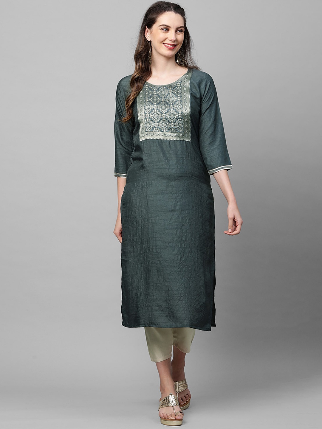 

Indo Era Women Charcoal Grey Ethnic Motifs Yoke Design Kurta