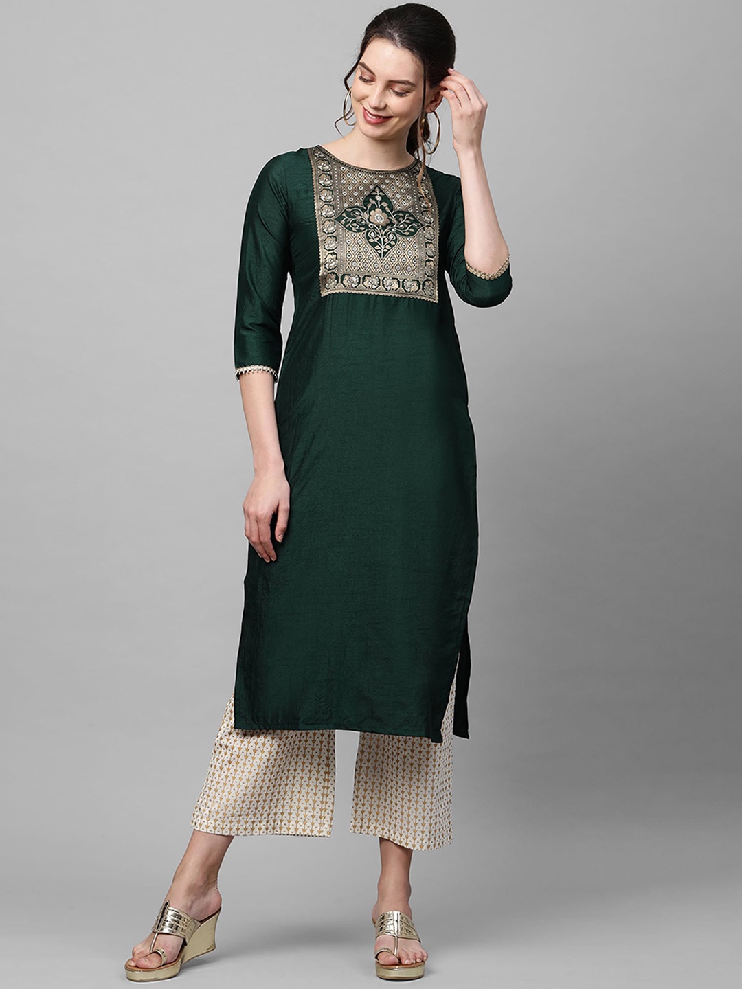

Indo Era Women Green Ethnic Motifs Yoke Design Kurta