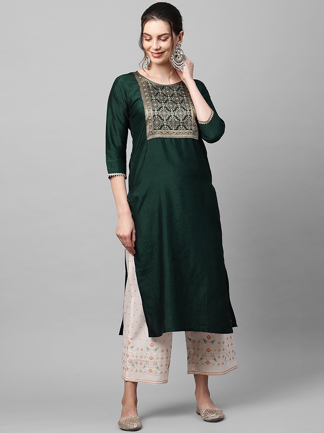 

Indo Era Women Dark Green & Beige Ethnic Motifs Yoke Design Straight Kurta
