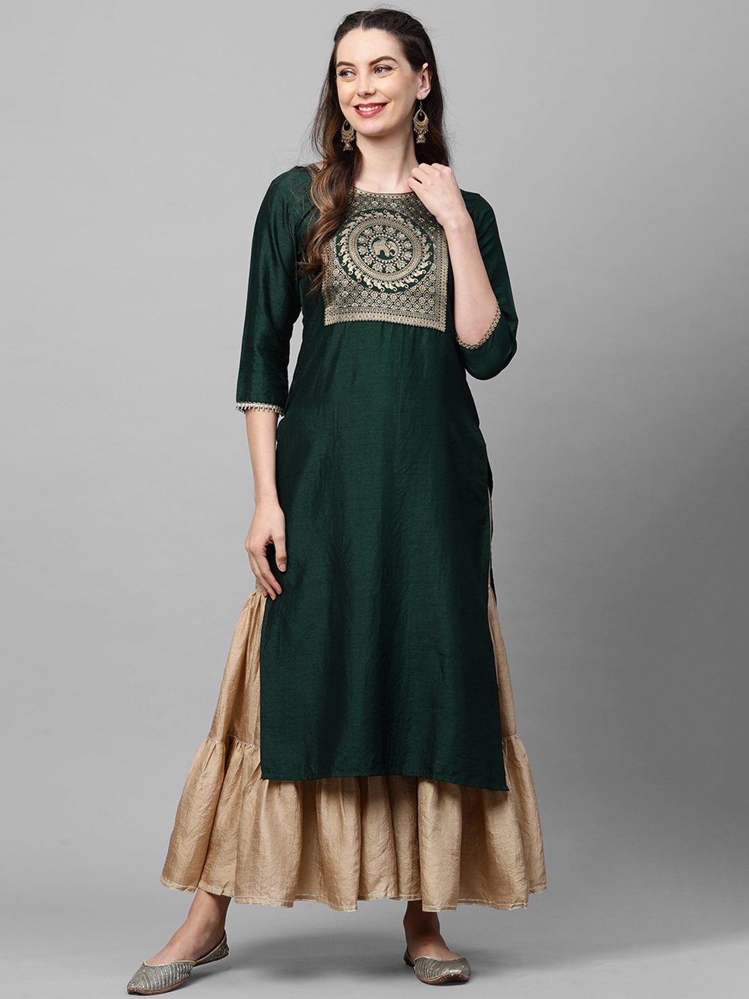 

Indo Era Women Dark Green & Beige Ethnic Motifs Yoke Design Straight Kurta
