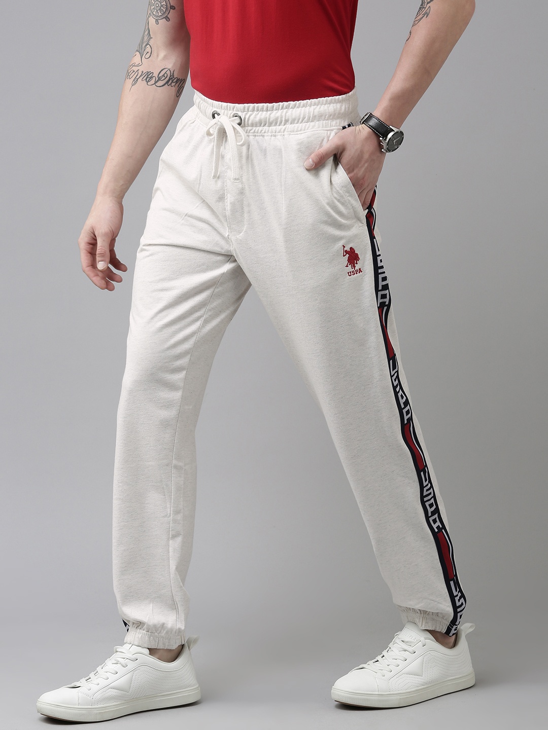 

U.S. Polo Assn. Men White Solid Slim-Fit Joggers With Side Stripes