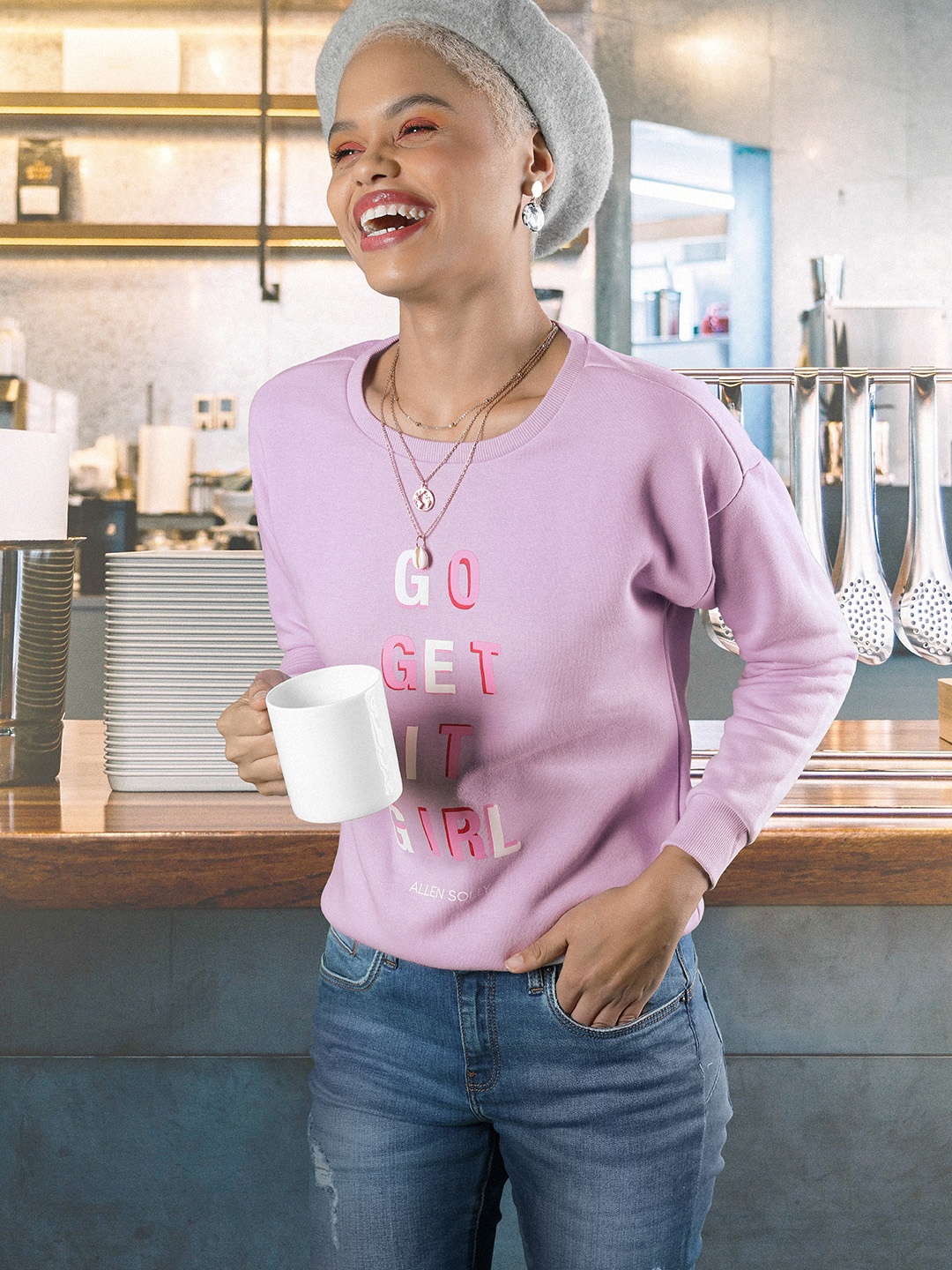 Allen Solly Woman Lavender Typography Printed Sweatshirt
