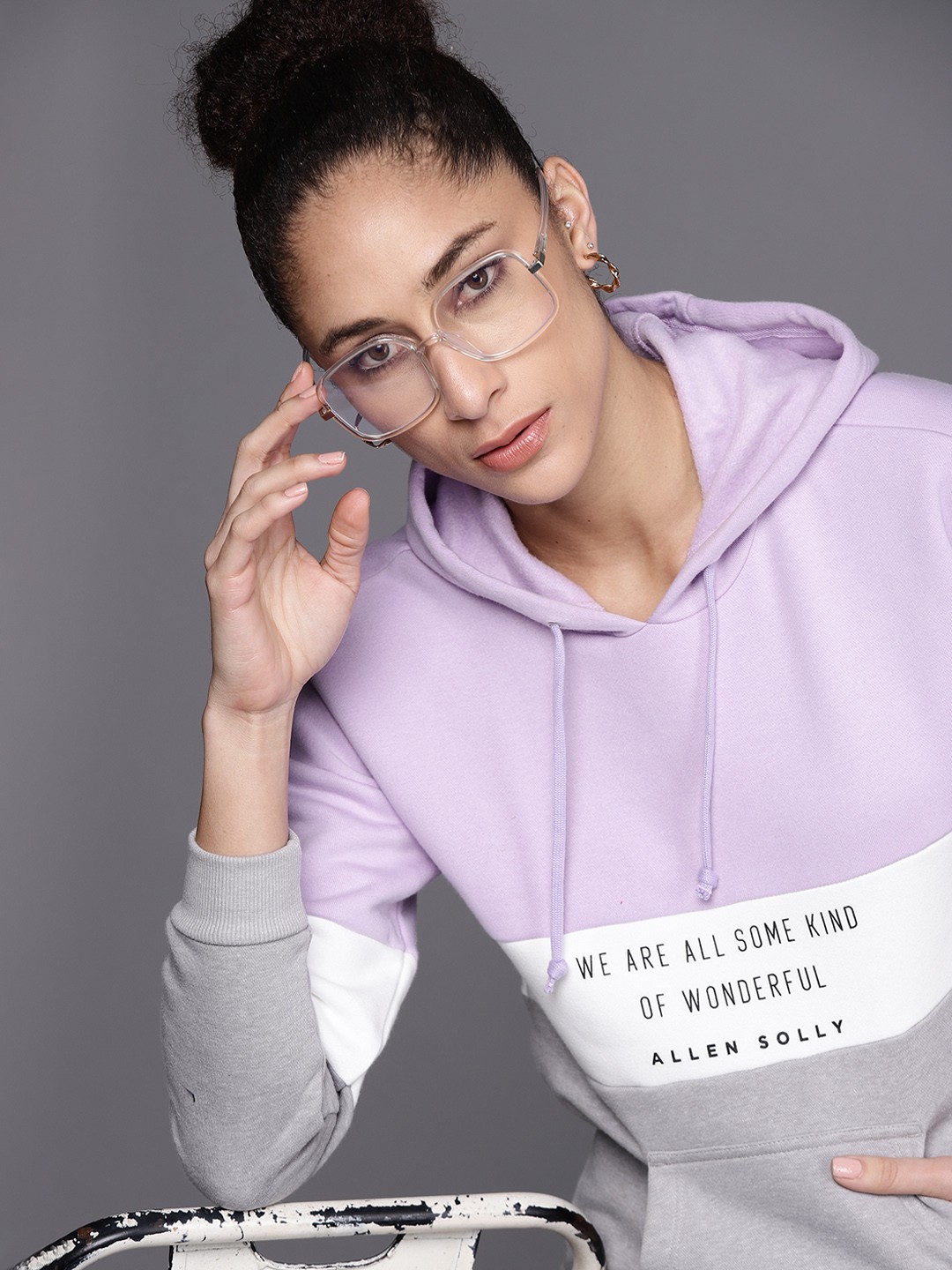 

Allen Solly Woman Lavender & Grey Colourblocked Hooded Sweatshirt