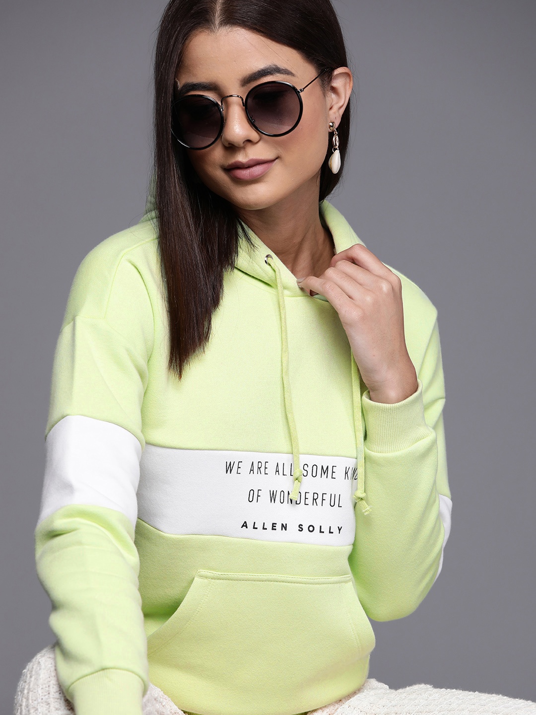 

Allen Solly Woman Green & White Colourblocked Hooded Sweatshirt