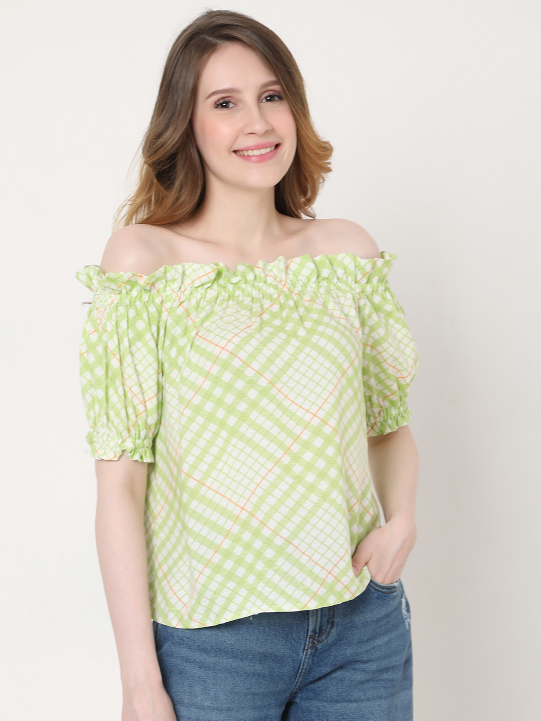 

Vero Moda Off White & Green Checked Off-Shoulder Top