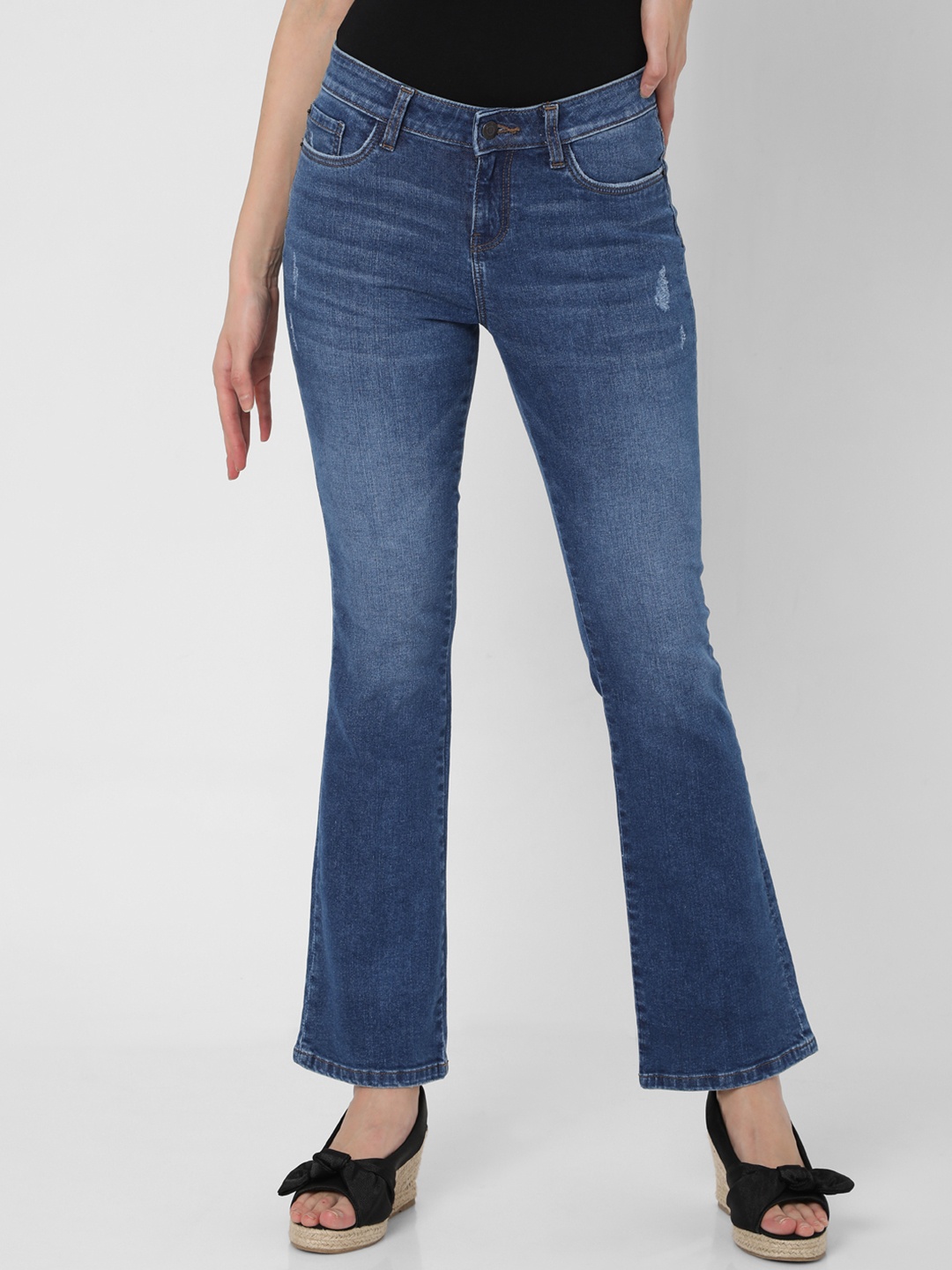 

Vero Moda Women Blue Bootcut Low Distress Heavy Fade Stretchable Jeans