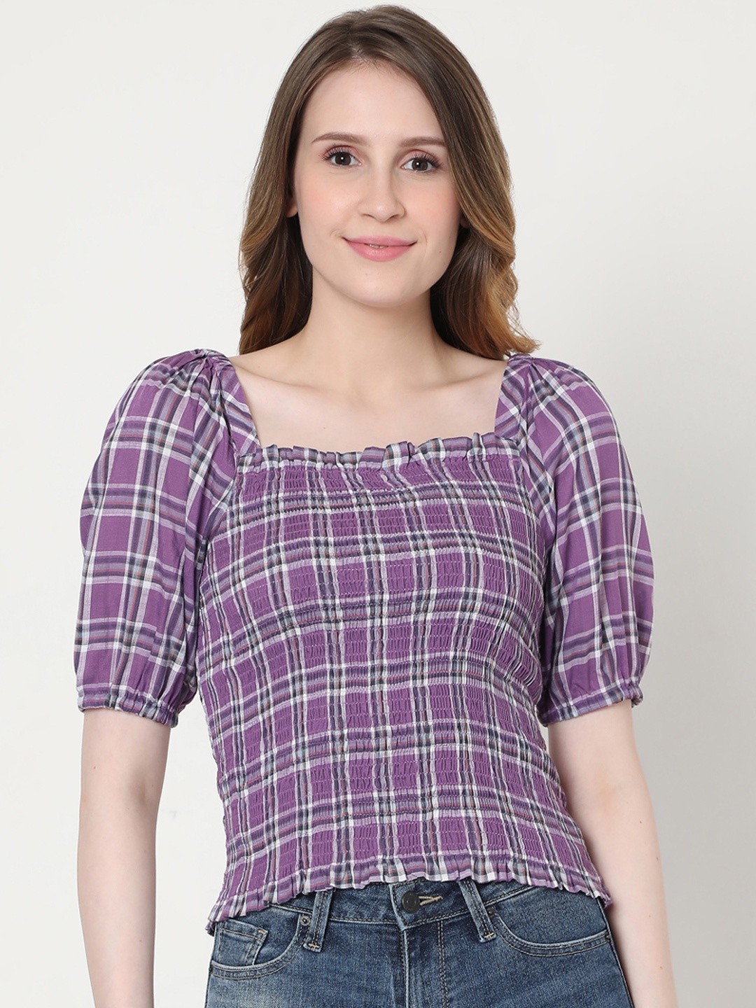 

Vero Moda Purple & Grey Checked Smocked Puff Sleeves Regular Top