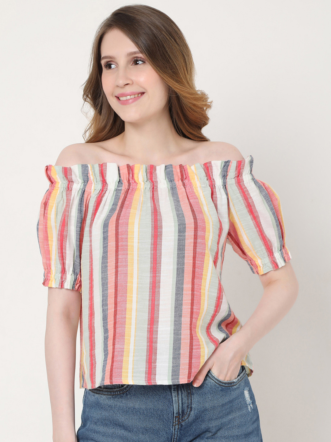 

Vero Moda Cream-Coloured & Blue Striped Off-Shoulder Pure Cotton Top