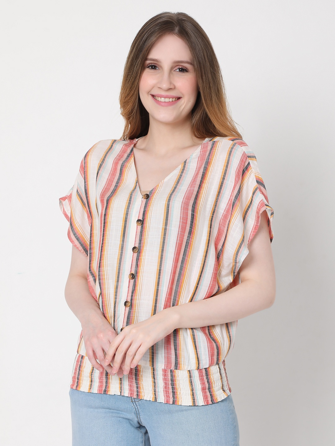 

Vero Moda Multicoloured Striped Extended Sleeves Blouson Top, Multi