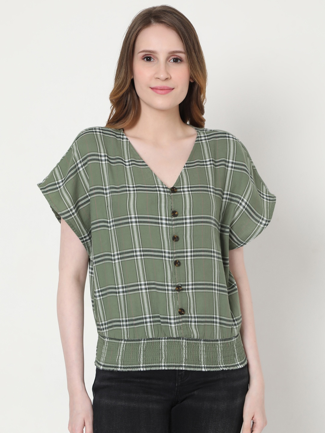 

Vero Moda Women Green & Black Checked Top