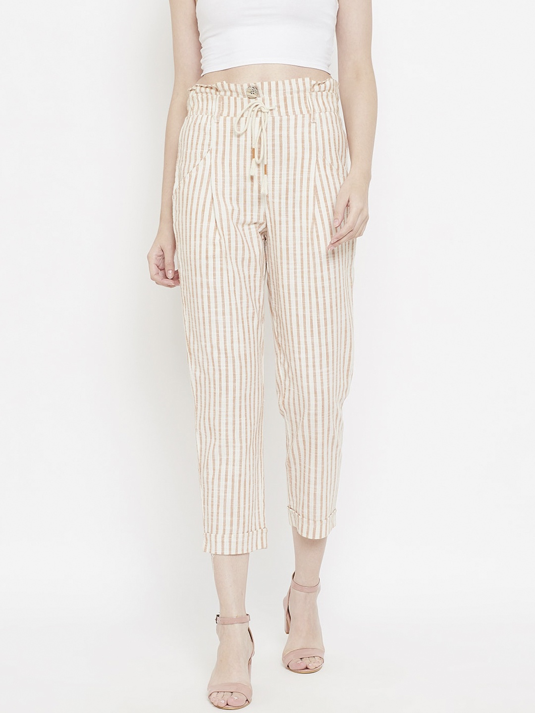 

Madame Women Rust Striped Cropped Trousers