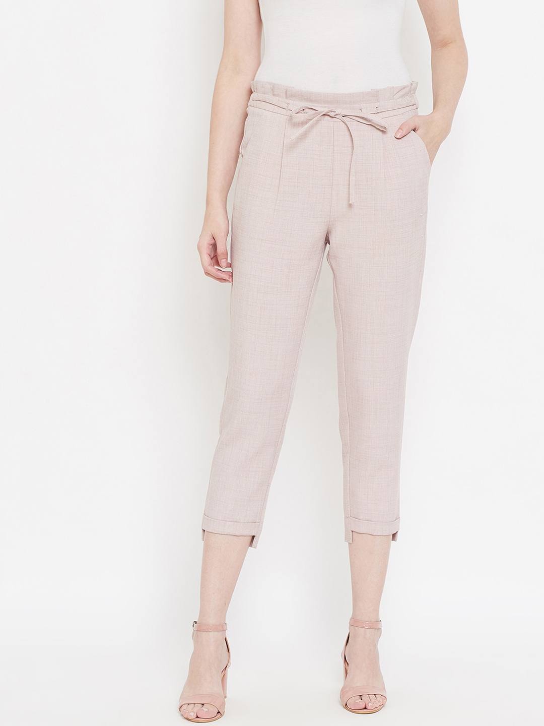 

Madame Women Beige Solid Regular Fit Pleated Casual Trousers