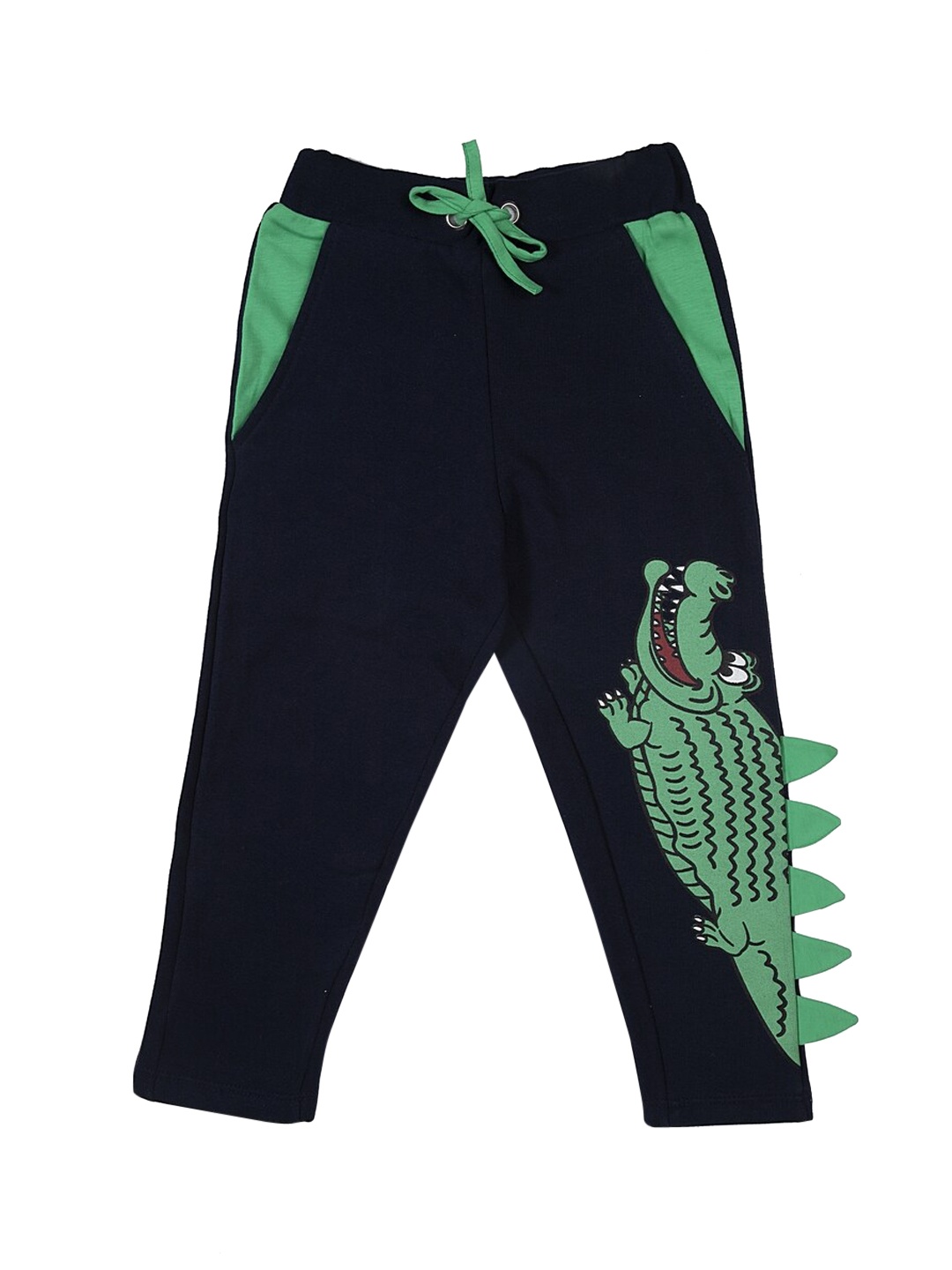 

Lazy Shark Boys Navy Blue & Green Appliqued Straight-Fit Track Pants