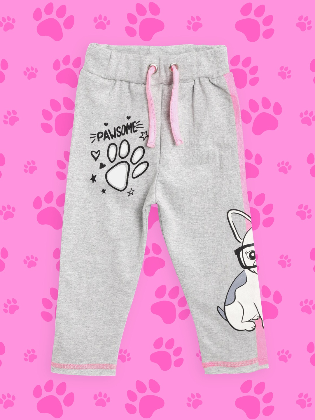

Lazy Shark Girls Grey Melange & Pink Graphic Printed Cotton Relaxed-Fit Track Pants