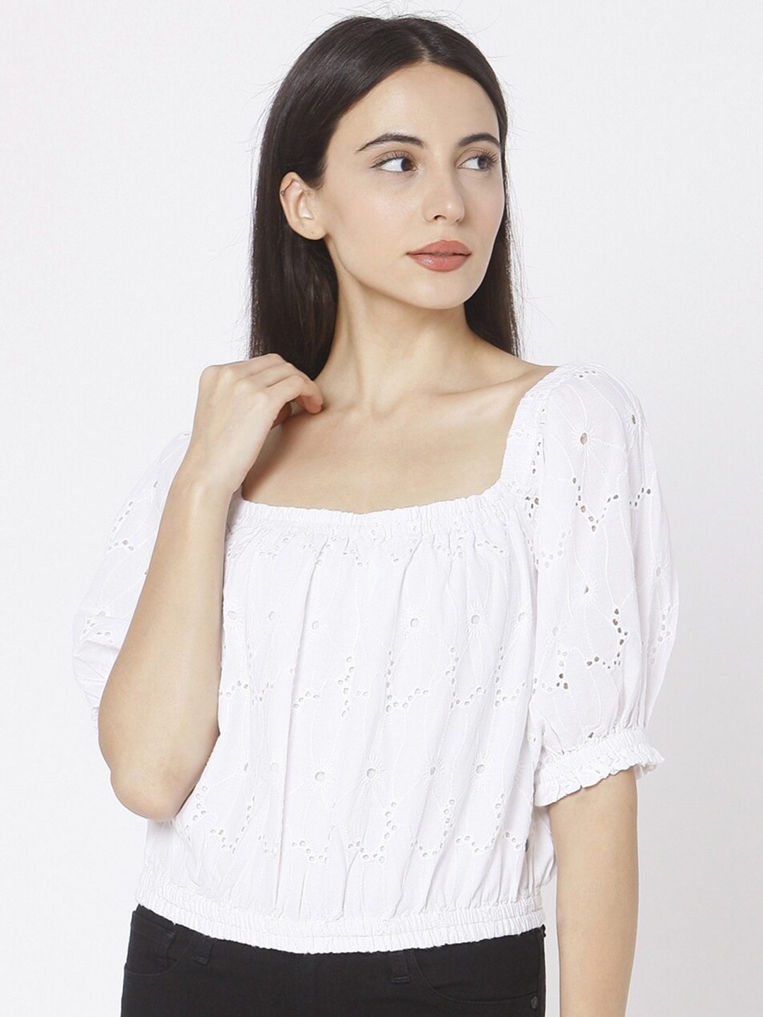 

SPYKAR White Puff Sleeved Pure Cotton Top