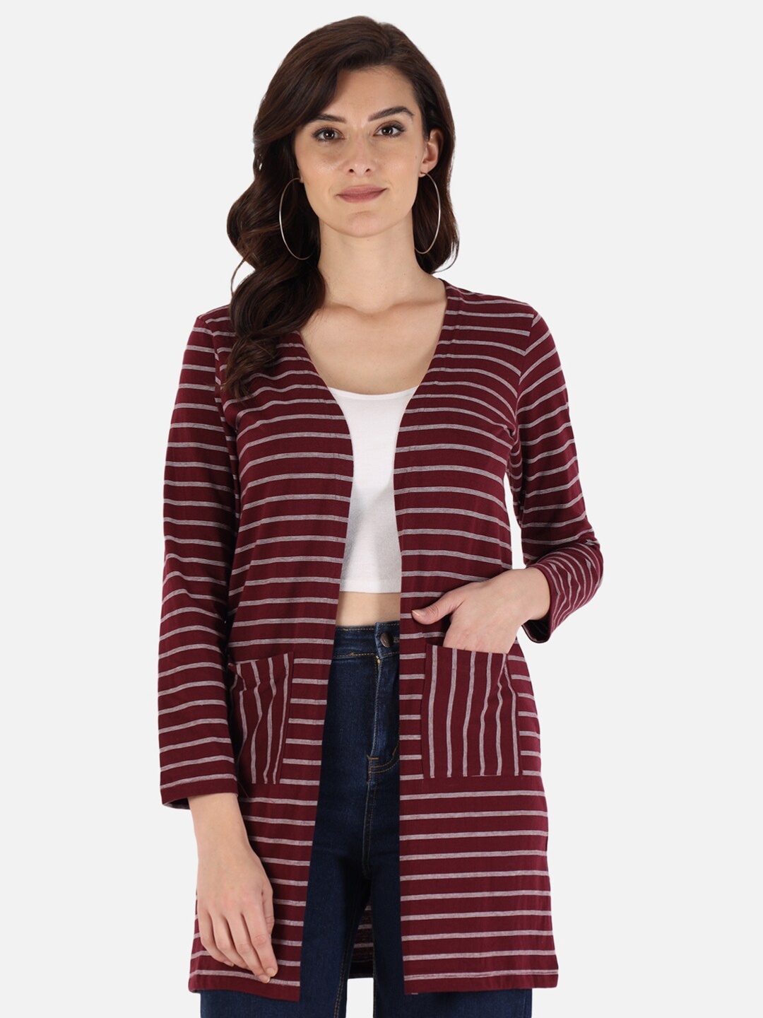 

Trend Arrest Women Maroon & White Striped Longline Shrug