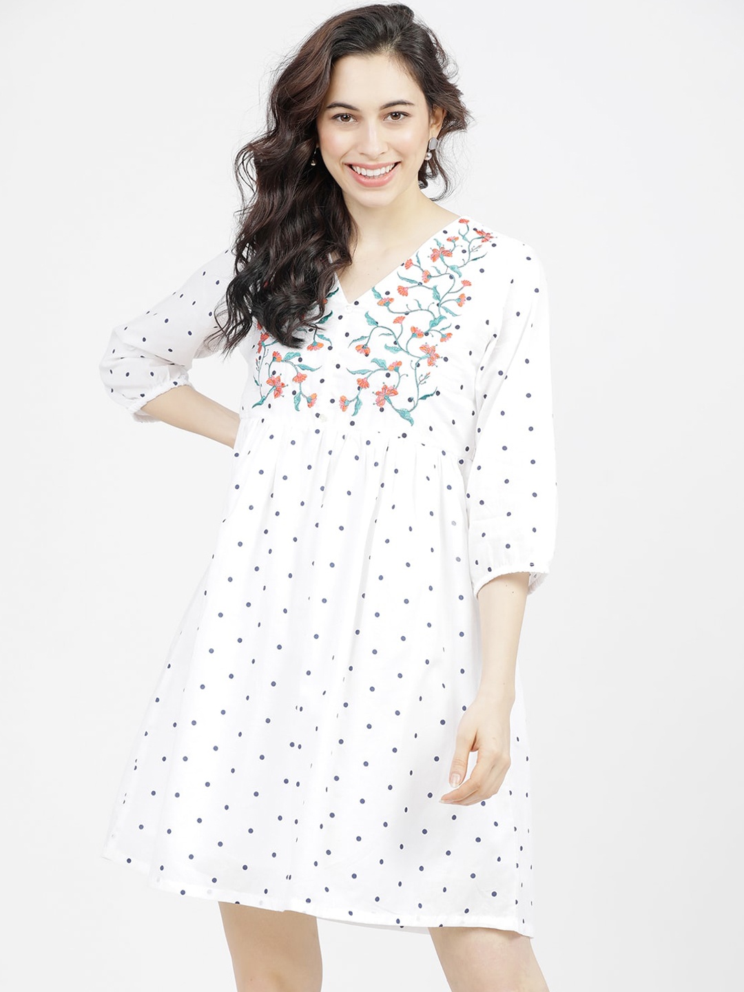 

Tokyo Talkies Women White Embroidered Polka Dots Printed Dress