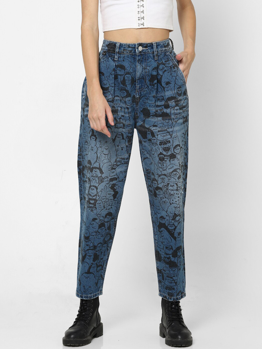 

ONLY Women Blue Relaxed Fit Mildly Distressed Heavy Fade Printed Jeans